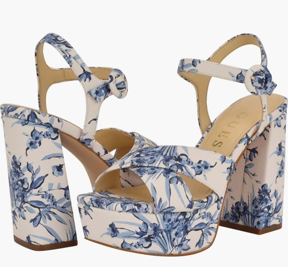 Guess blue white floral Vallenn Ankle Strap Platform Sandal sz 9 med NEW